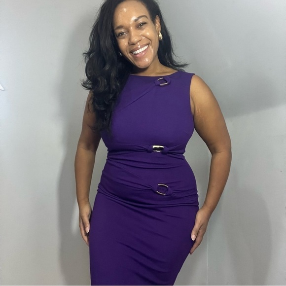 Vintage Cache Purple Ponte Knit Bodycon Dress Gold buckles business casual midi - Picture 5 of 11